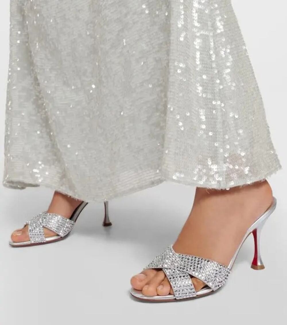 Christian Louboutin Mariza Is Back Strass 85 Silver Mule Sandal Heels EU 36.5